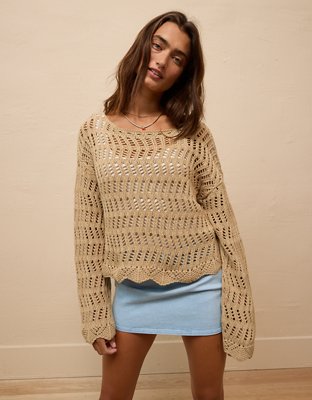 Sexy Boat Neck Bell Sleeve Fishtail Sheer Crochet Knit Cover Up Maxi Dress