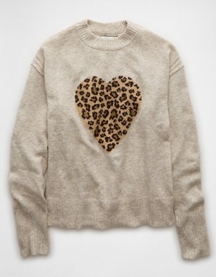 AE Whoa So Soft Leopard Heart Valentine Crew Neck Sweater