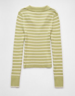 AE Long-Sleeve Striped Collared Polo Sweater