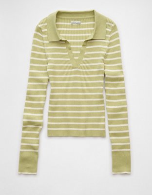 AE Long-Sleeve Striped Collared Polo Sweater