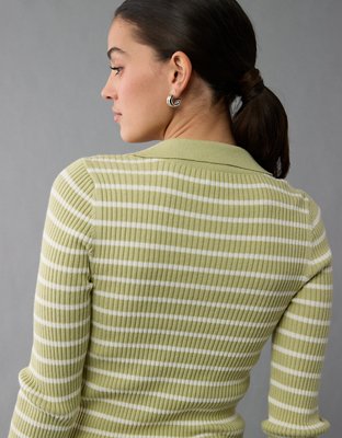 AE Long-Sleeve Striped Collared Polo Sweater