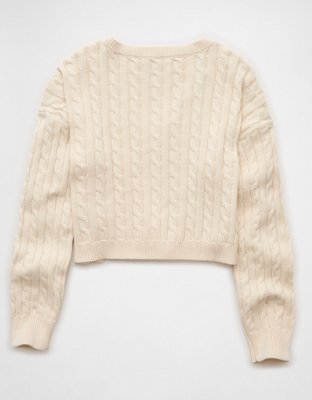 AE Cropped Cable Knit V-Neck Sweater