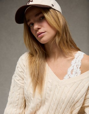 AE Cropped Cable Knit V-Neck Sweater