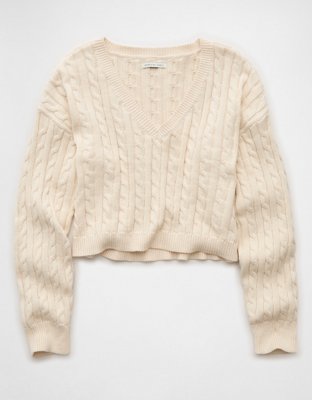 AE Cropped Cable Knit V-Neck Sweater | American Eagle