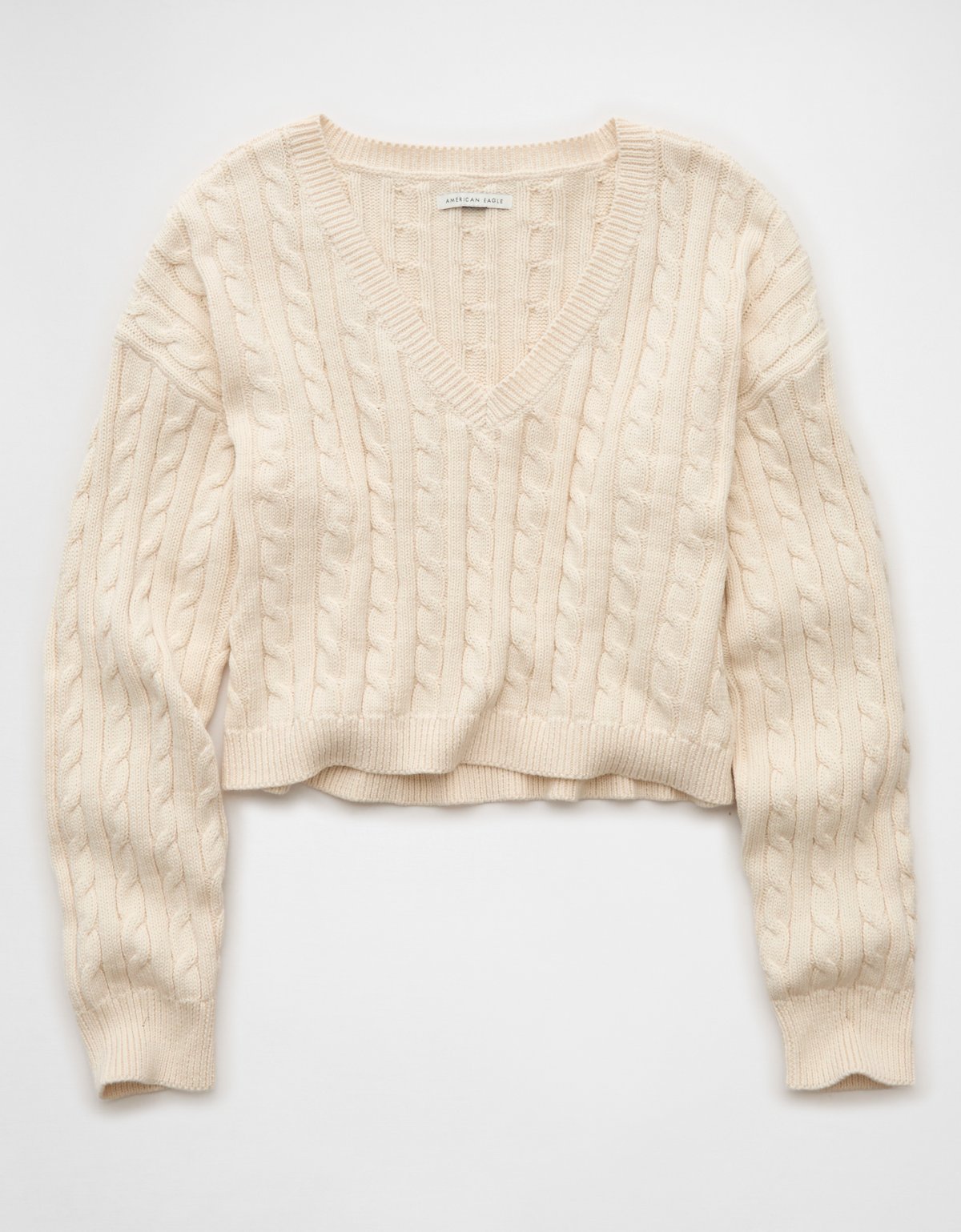 AE Cropped Cable Knit V-Neck Sweater - image 3