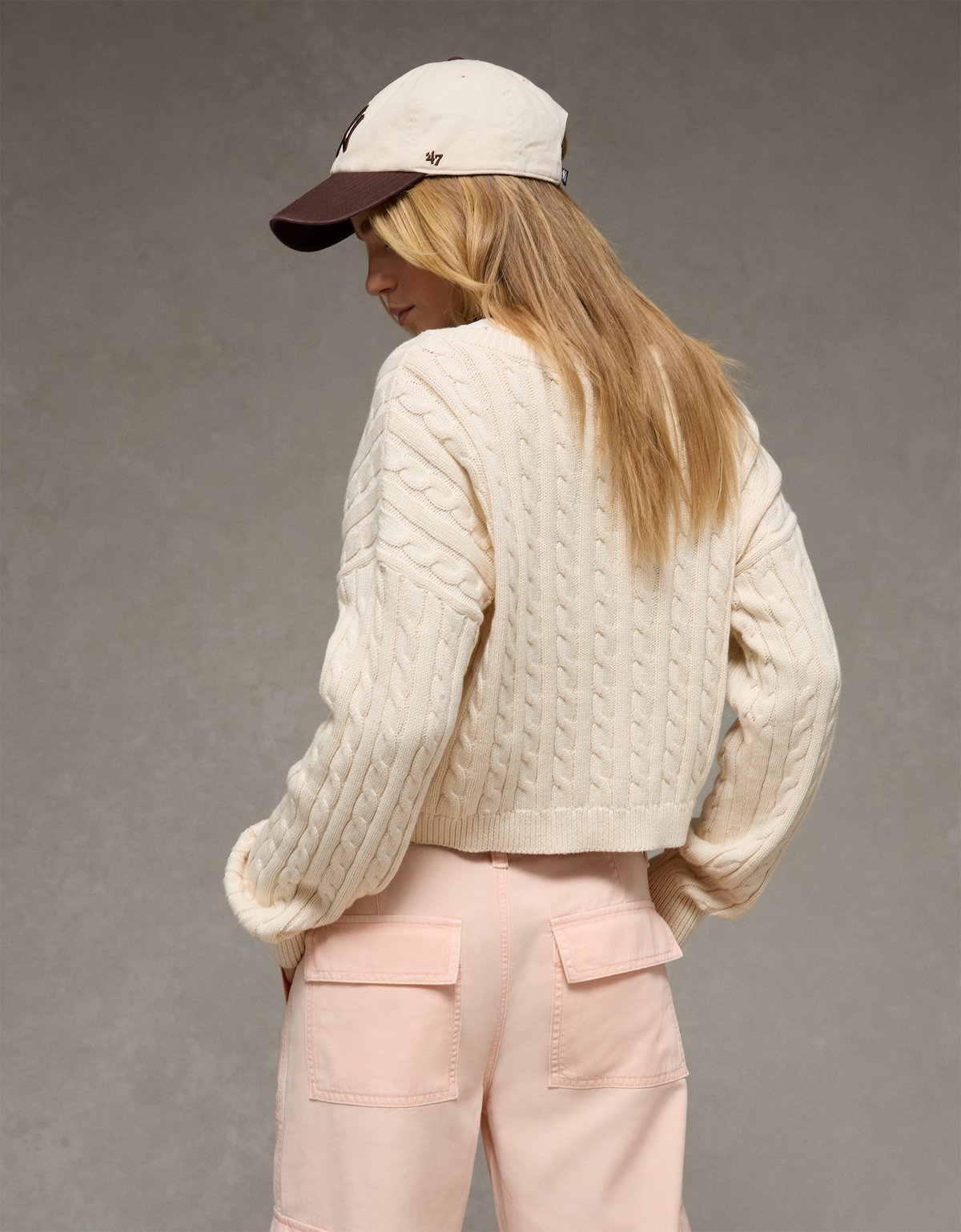 AE Cropped Cable Knit V-Neck Sweater - image 2
