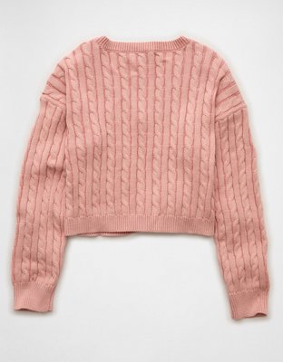 AE Cropped Cable Knit V-Neck Sweater | American Eagle