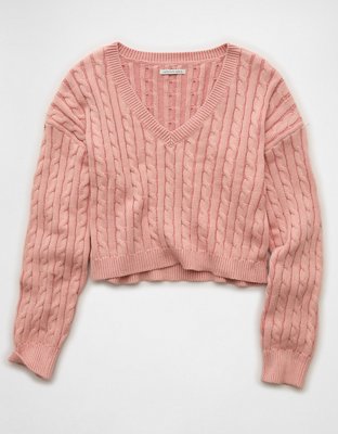 AE Cropped Cable Knit V-Neck Sweater