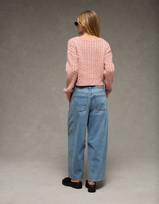 AE Cropped Cable Knit V-Neck Sweater