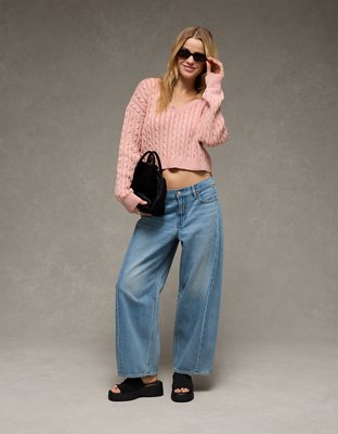 AE Cropped Cable Knit V-Neck Sweater