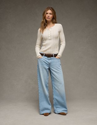 AE Pointelle Henley Sweater Top