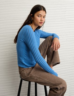 AE Pointelle Henley Sweater Top