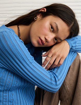 AE Pointelle Henley Sweater Top