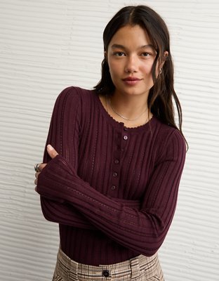 AE Pointelle Henley Sweater Top