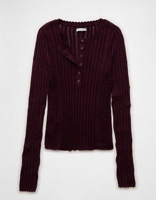 AE Pointelle Henley Sweater Top