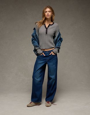 AE Pointelle Henley Sweater Top