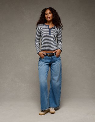 AE Pointelle Henley Sweater Top