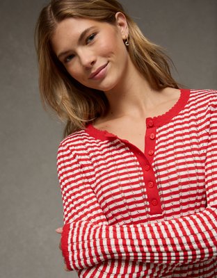 AE Pointelle Henley Sweater Top