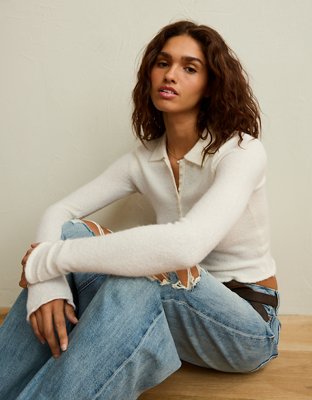 Женский свитер American Eagle AE Whoa So Soft Polo Henley, цвет: Меловой