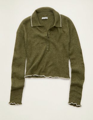 AE Whoa So Soft Polo Henley Sweater Women's Olive XXS