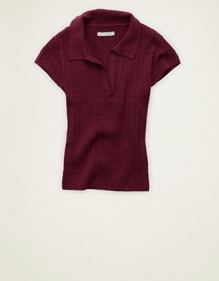 AE V-Neck Cable Knit Sweater Polo Women's Bordeaux XXS