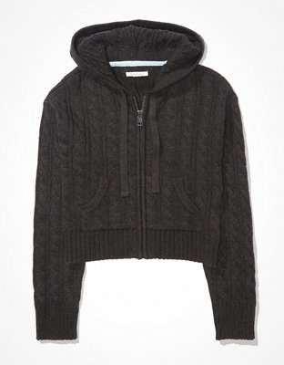 AE Cropped Cable Knit Zip-Up Sweater