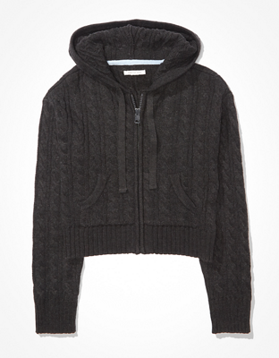 AE Cropped Cable Knit Zip-Up Sweater