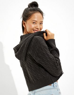 AE Cropped Cable Knit Zip-Up Sweater