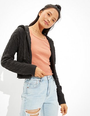 AE Cropped Cable Knit Zip-Up Sweater