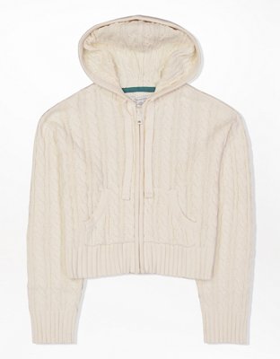 AE Cropped Cable Knit Zip-Up Sweater