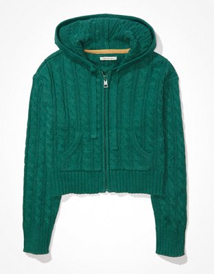 AE Cropped Cable Knit Zip-Up Sweater