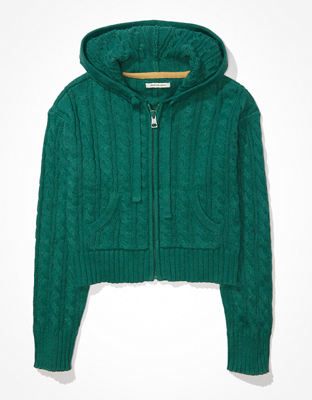 AE Cropped Cable Knit Zip-Up Sweater