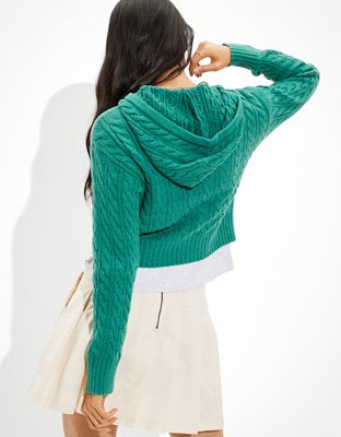 AE Cropped Cable Knit Zip-Up Sweater