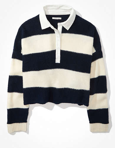 AE Striped Ballon-Sleeve Polo Sweater