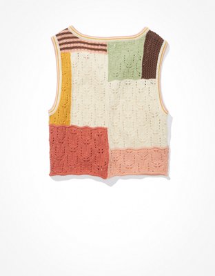 AE Patchwork Button-Up Sweater Vest