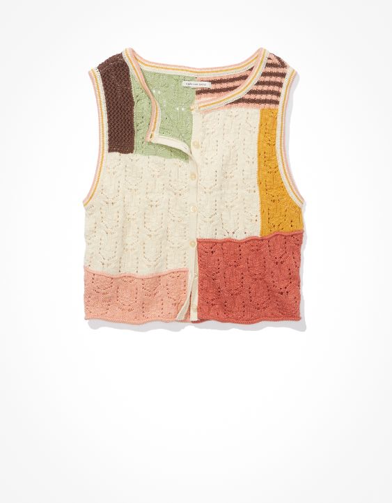 AE Patchwork Button-Up Sweater Vest