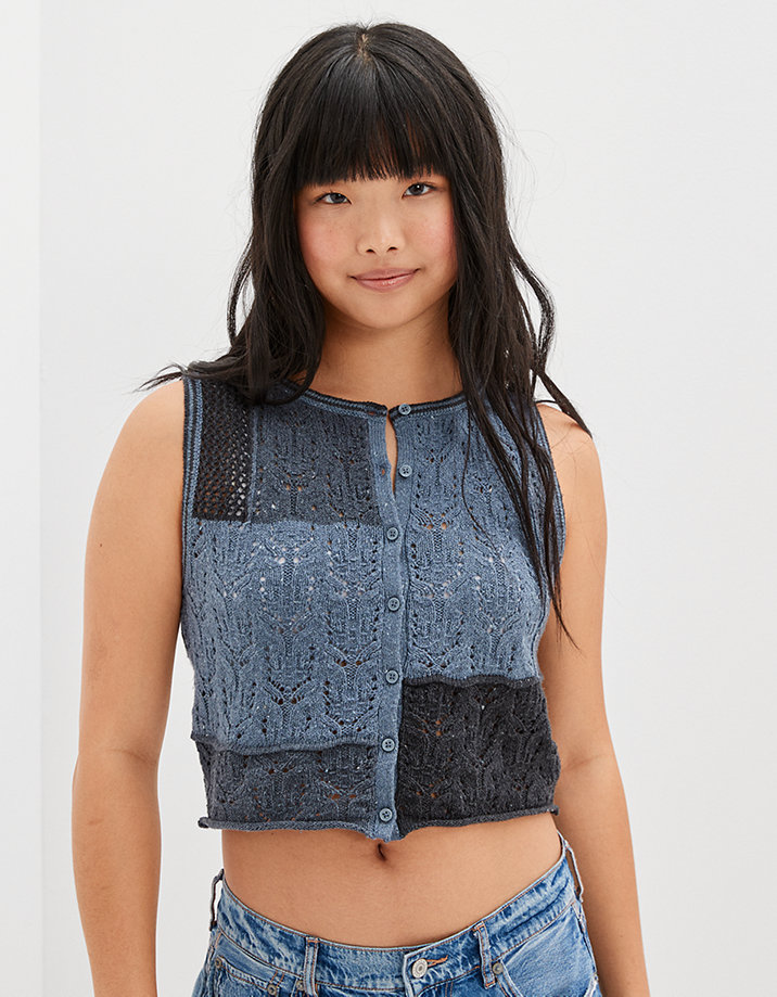 AE Patchwork Button-Up Sweater Vest