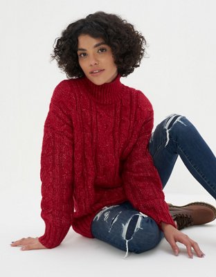 AE Cable Knit Mock Neck Sweater
