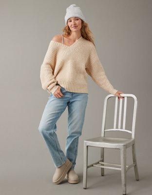 Ae Women's Whoa So Cozy Waffle V-Neck Sweater