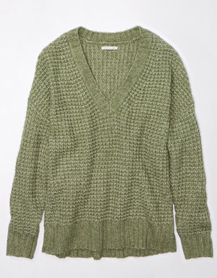 American Eagle Womens Waffle Knit Pullover Sweater, Green, X-Small 