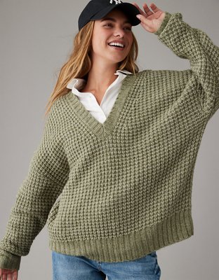 Ae Women's Whoa So Cozy Waffle V-Neck Sweater