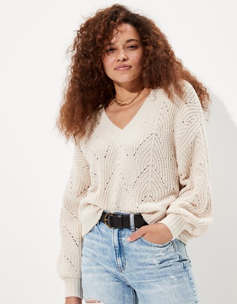 Женские свитеры American Eagle AE Chenille Pointelle V-Neck Sweater