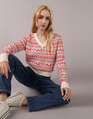 AE Shrunken V-Neck Branded Fairisle Sweater