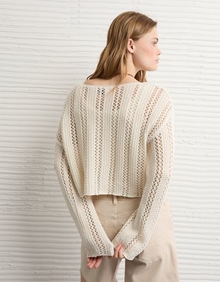AE Cropped Crochet Boatneck Sweater | American Eagle