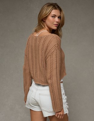 AE Cropped Crochet Boatneck Sweater
