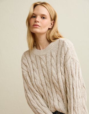 AE Cropped Cable Knit Sweater | American Eagle
