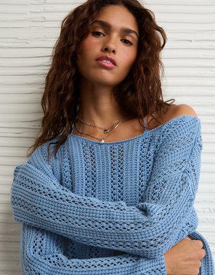 AE Cropped Crochet Boatneck Sweater