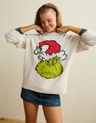 Женский свитер American Eagle AE Whoa So Soft Grinch Graphic Oversized, цвет: Овсяный меланжевый — фото 1