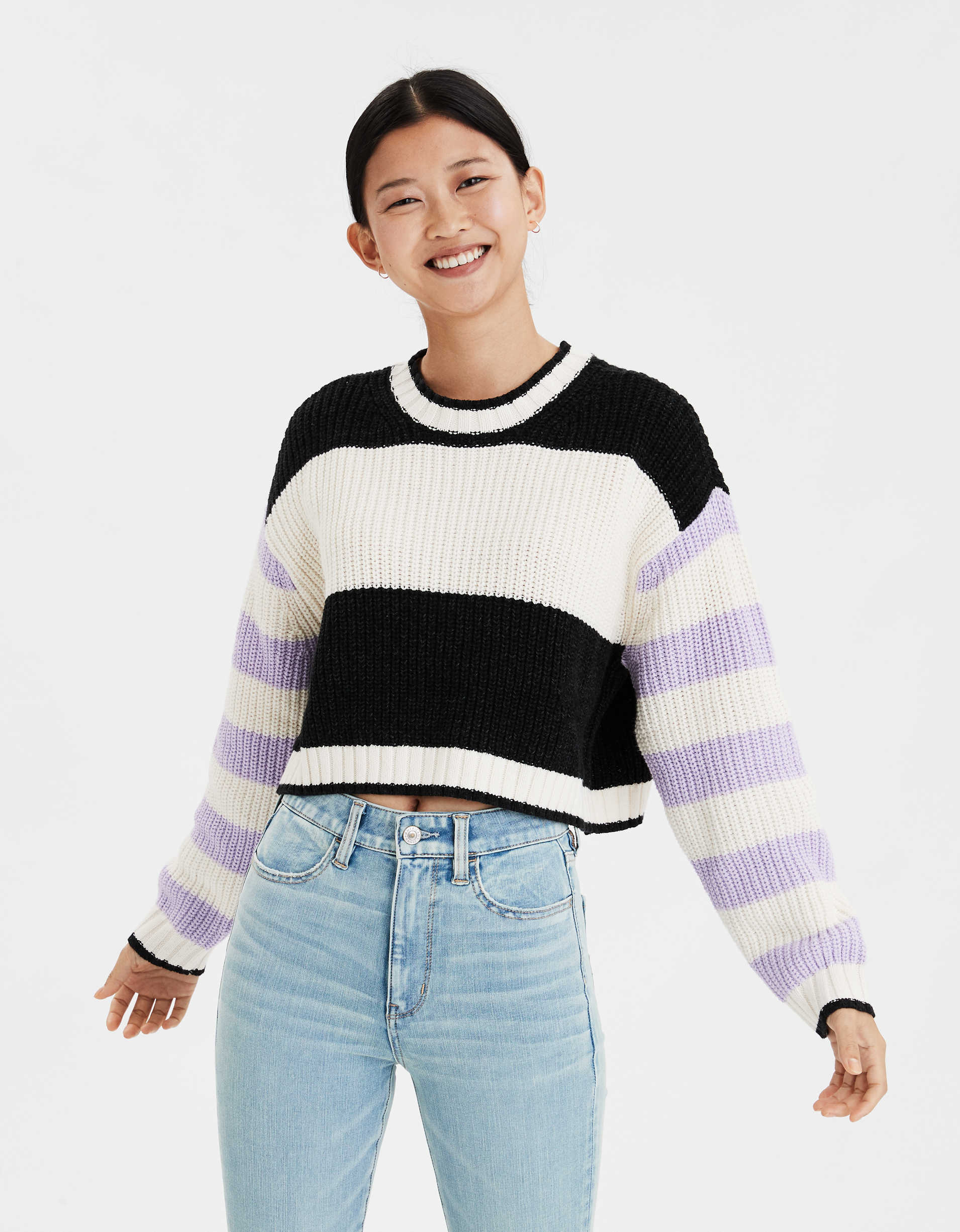 AE Mixed Stripe Boxy Cropped Sweater