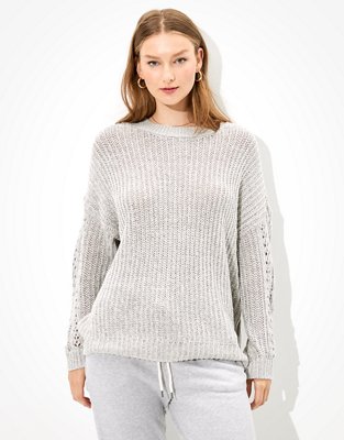 AE Oversized Pointelle Sleeve Crew Neck Sweater